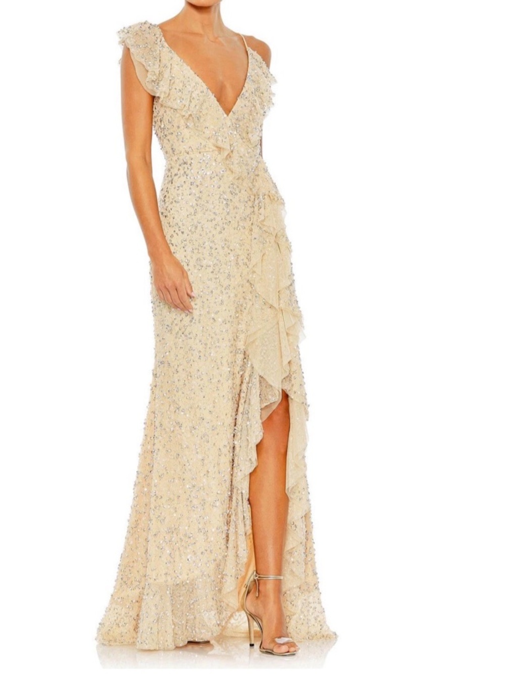 Mac Duggal Nude Beaded V-Neck Ruffle Evening Gown Size 12 New